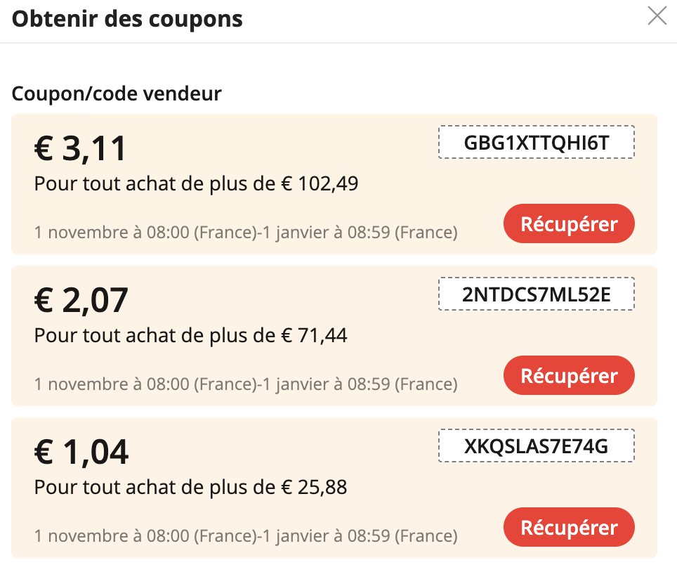 Exemple coupons Aliexpress
